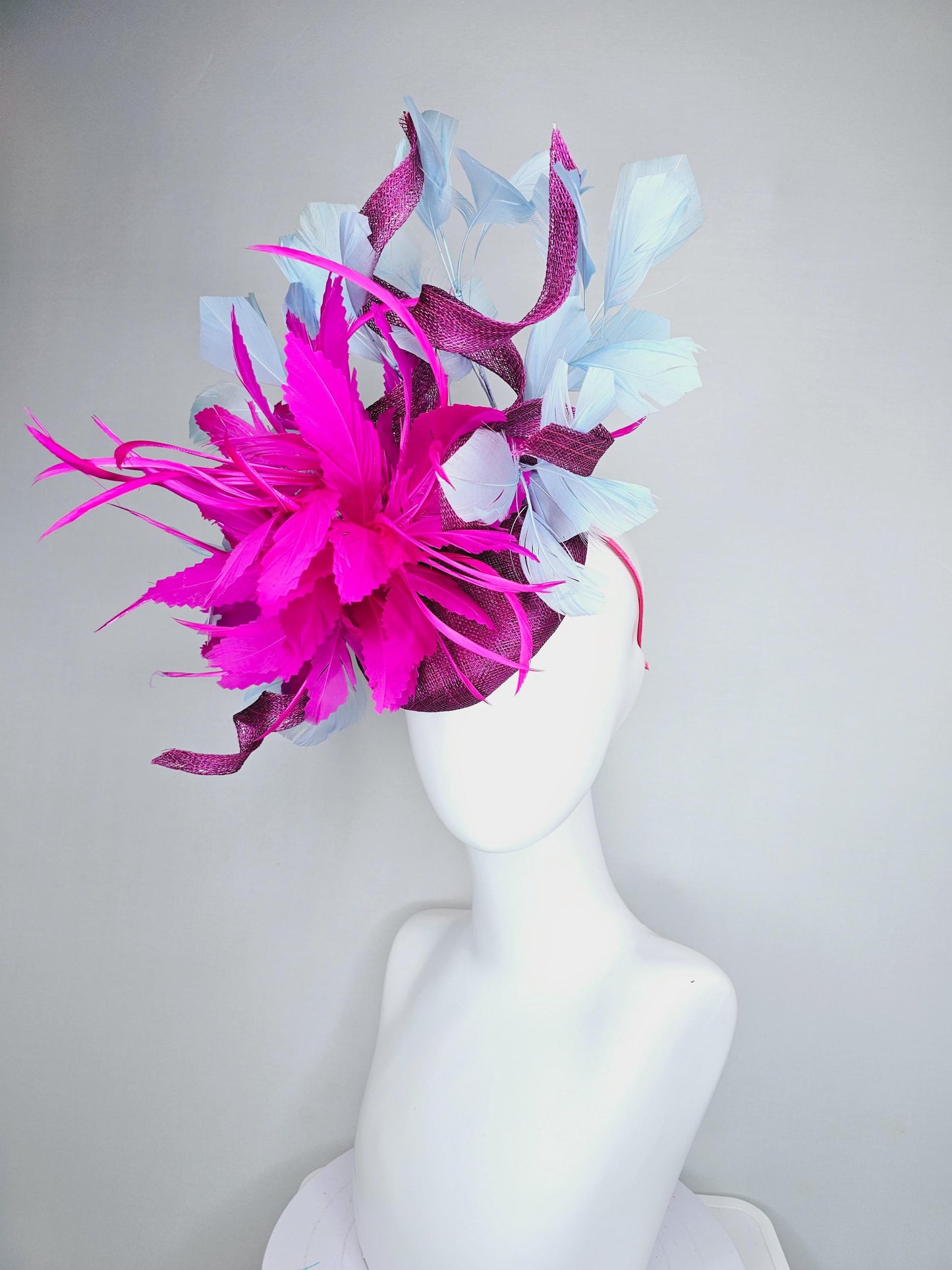 kentucky derby hat fascinator magenta purple sinamay w/ curls,fluffy zigzag bright fuchsia pink feather flower,light blue branching feathers