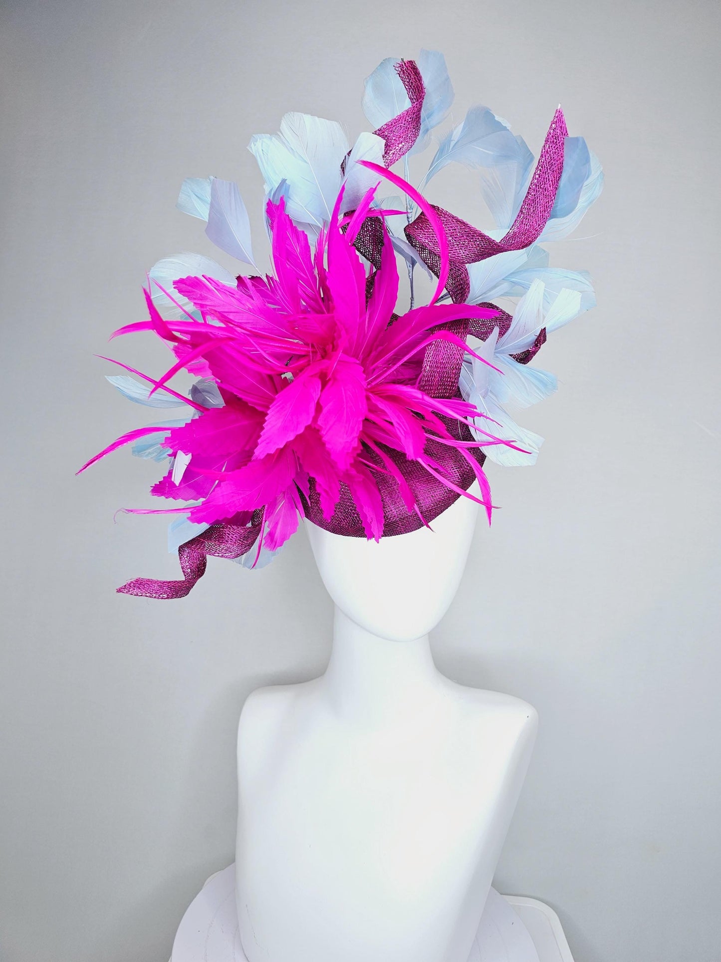 kentucky derby hat fascinator magenta purple sinamay w/ curls,fluffy zigzag bright fuchsia pink feather flower,light blue branching feathers