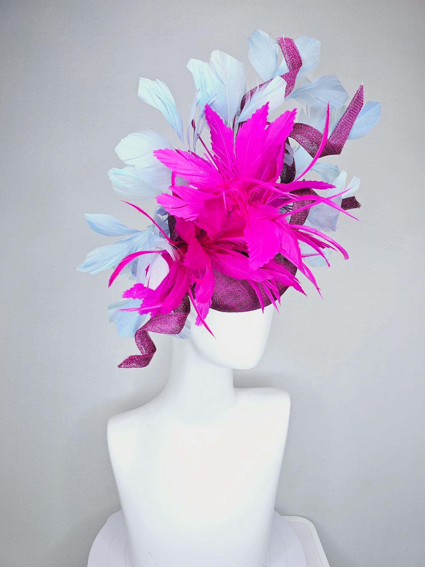 kentucky derby hat fascinator magenta purple sinamay w/ curls,fluffy zigzag bright fuchsia pink feather flower,light blue branching feathers