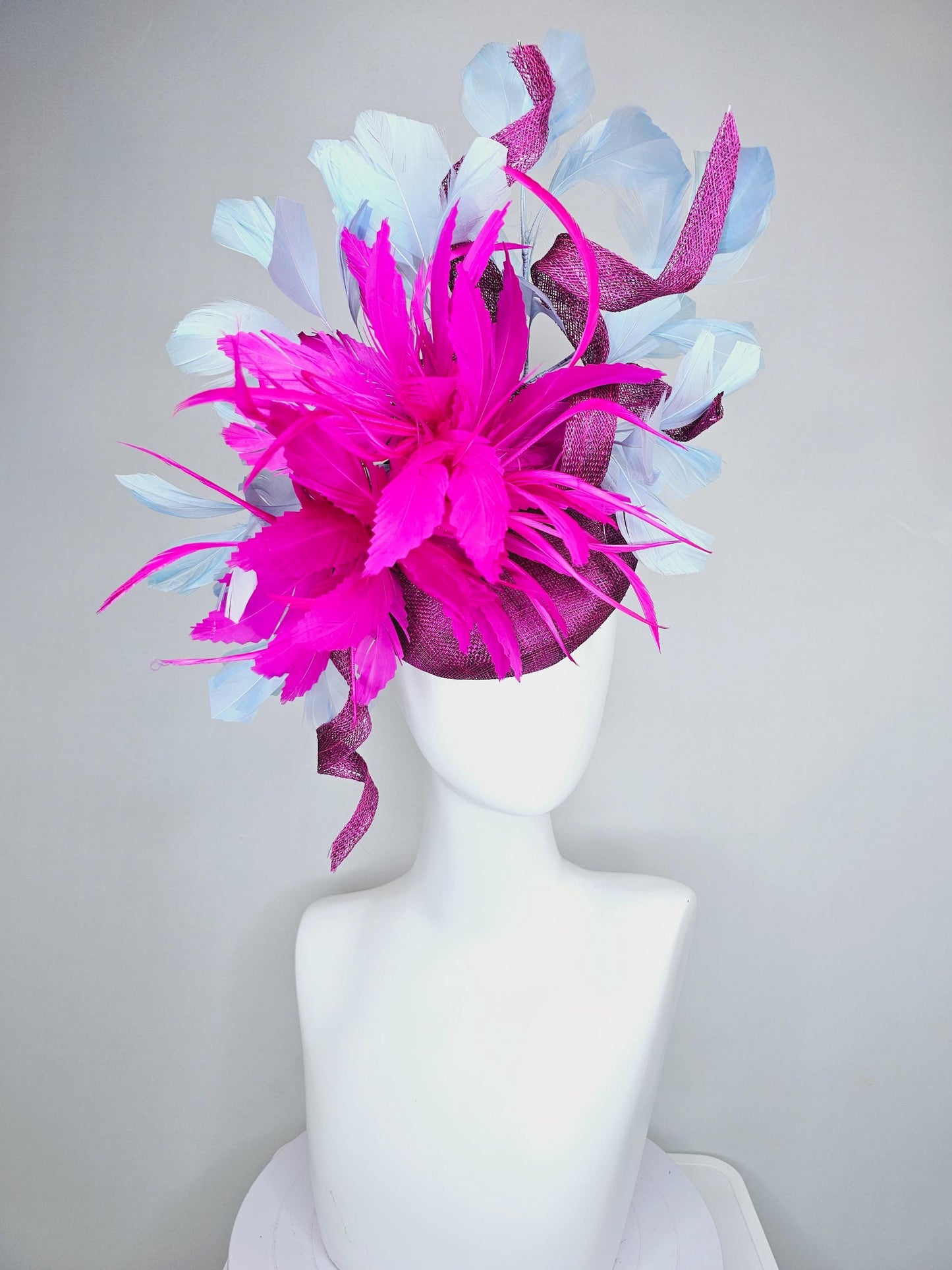 kentucky derby hat fascinator magenta purple sinamay w/ curls,fluffy zigzag bright fuchsia pink feather flower,light blue branching feathers