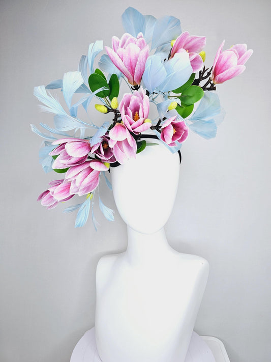 kentucky derby hat fascinator large pink ombre satin silk tulip flowers, green leaves, light blue branching feathers