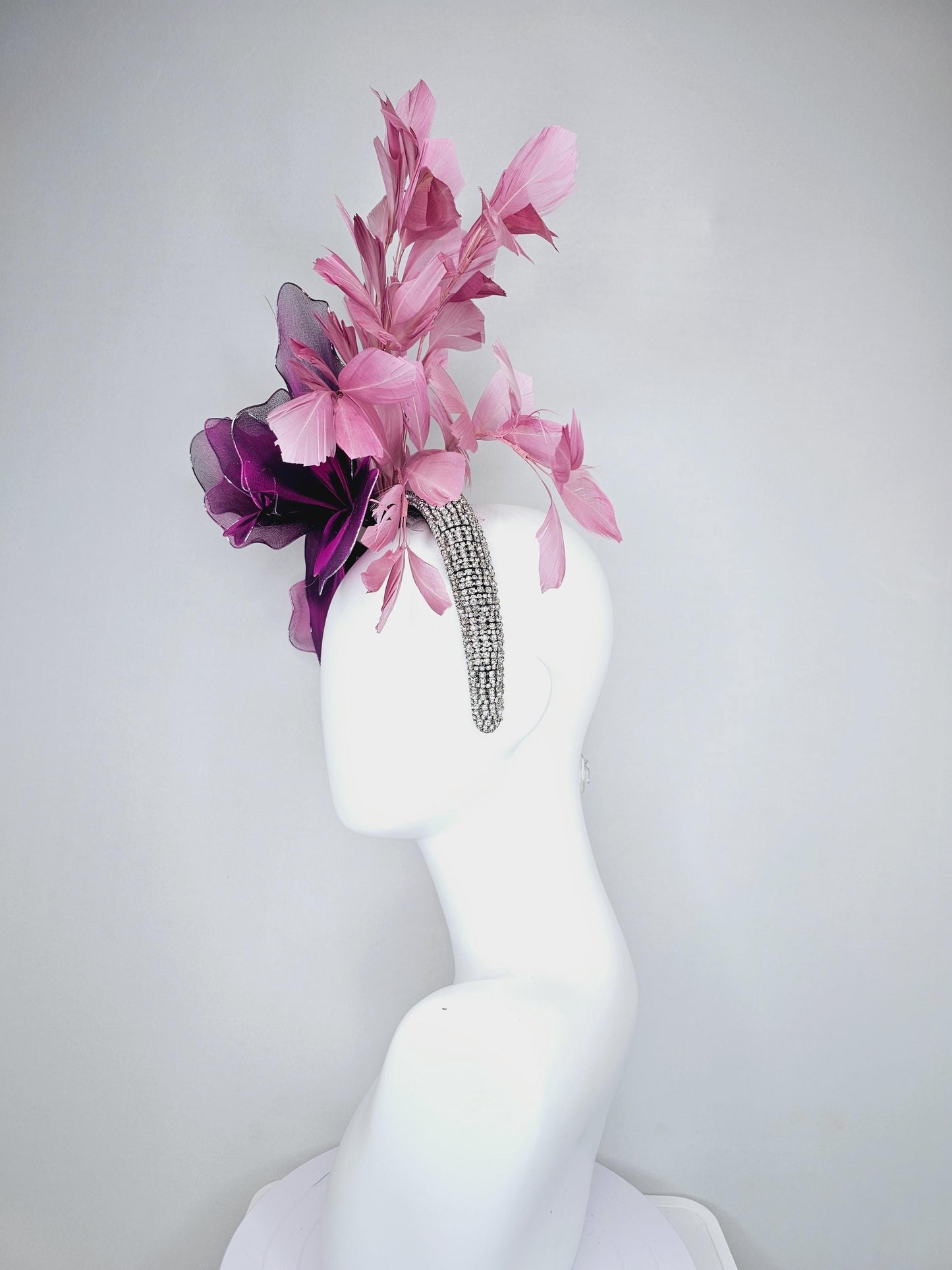 kentucky derby hat fascinator crystal rhinestone headband,large black fuchsia purple tie dye wire mesh flower, blush pink branching feathers