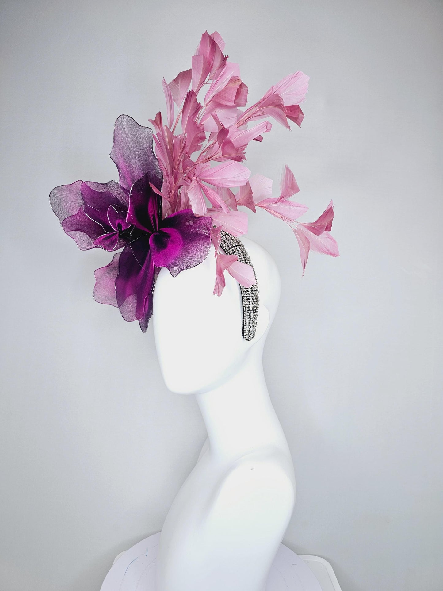 kentucky derby hat fascinator crystal rhinestone headband,large black fuchsia purple tie dye wire mesh flower, blush pink branching feathers