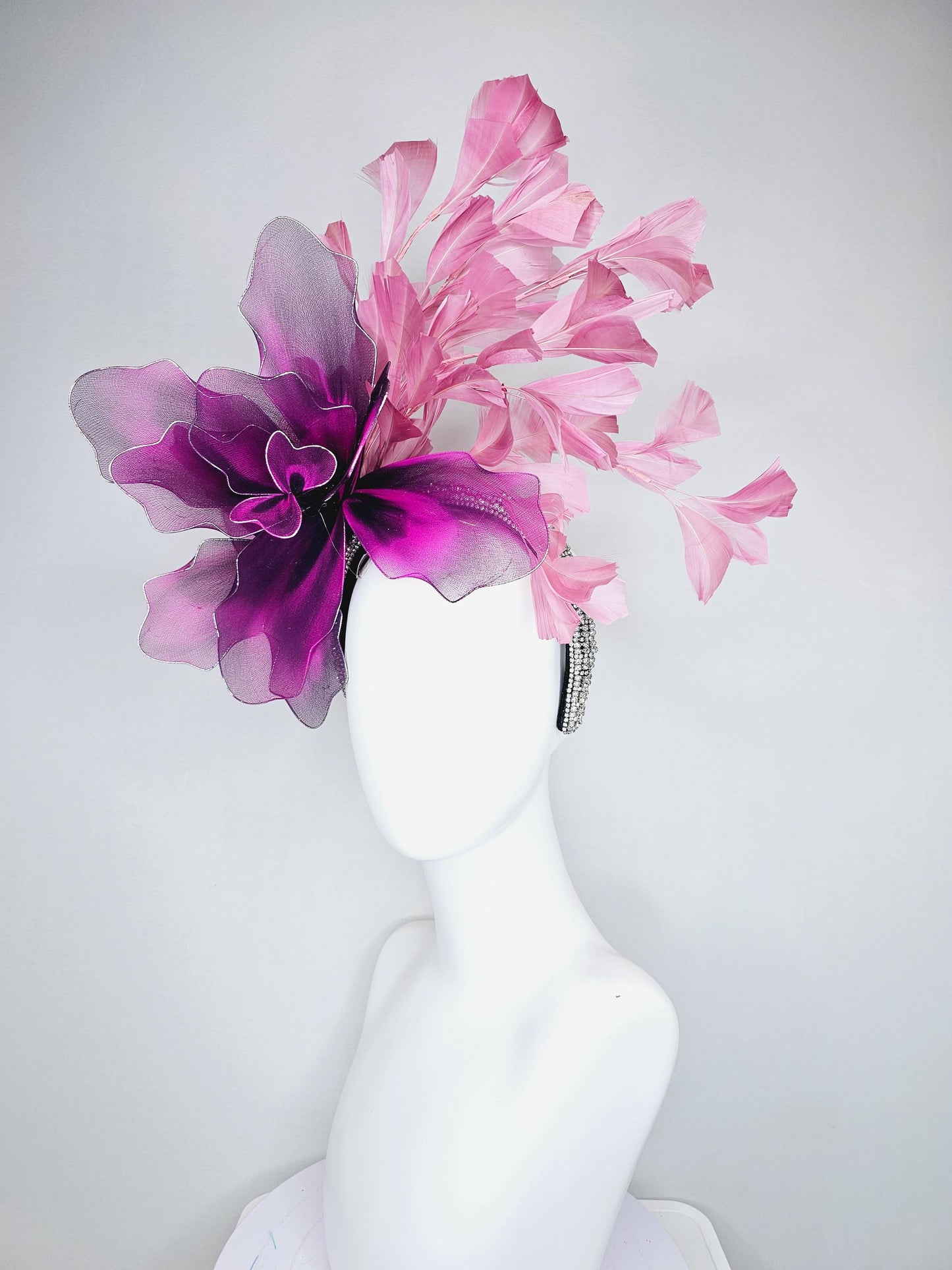 kentucky derby hat fascinator crystal rhinestone headband,large black fuchsia purple tie dye wire mesh flower, blush pink branching feathers