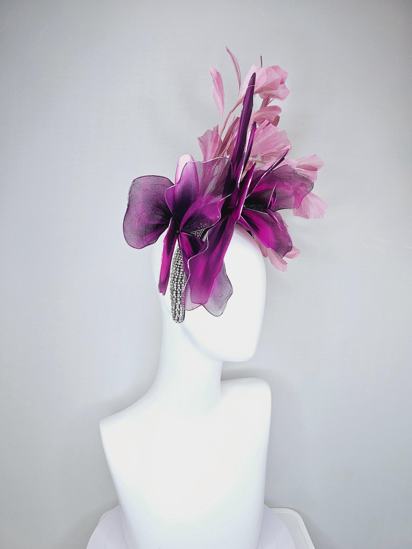 kentucky derby hat fascinator crystal rhinestone headband,large black fuchsia purple tie dye wire mesh flower, blush pink branching feathers