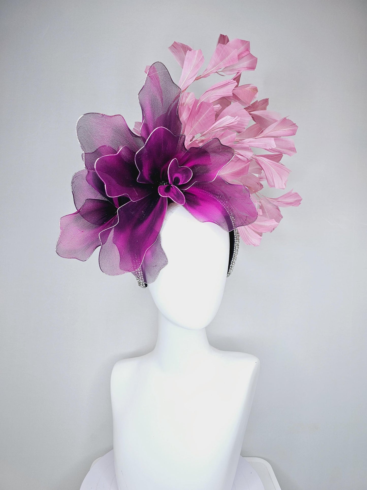 kentucky derby hat fascinator crystal rhinestone headband,large black fuchsia purple tie dye wire mesh flower, blush pink branching feathers