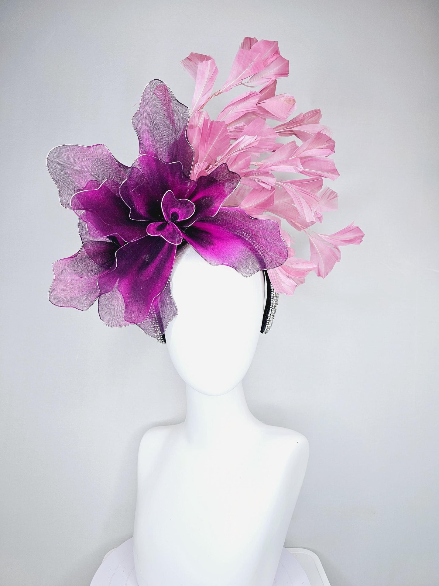 kentucky derby hat fascinator crystal rhinestone headband,large black fuchsia purple tie dye wire mesh flower, blush pink branching feathers