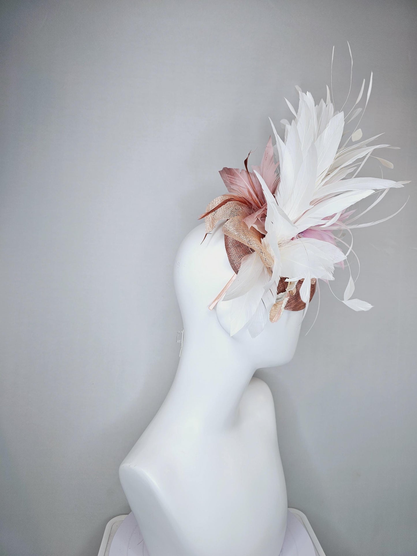 kentucky derby hat fascinator dusty rose pink sinamay with light pink lilac feather flower,white gold velvet leaves,white branching feathers