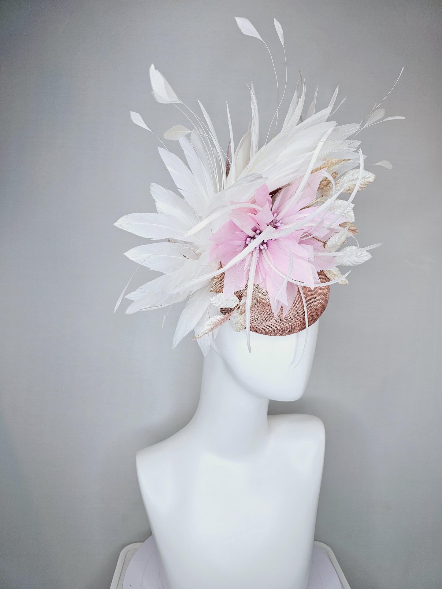 kentucky derby hat fascinator dusty rose pink sinamay with light pink lilac feather flower,white gold velvet leaves,white branching feathers