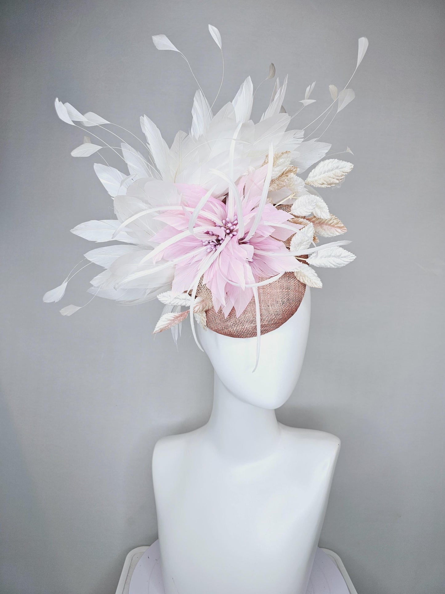 kentucky derby hat fascinator dusty rose pink sinamay with light pink lilac feather flower,white gold velvet leaves,white branching feathers