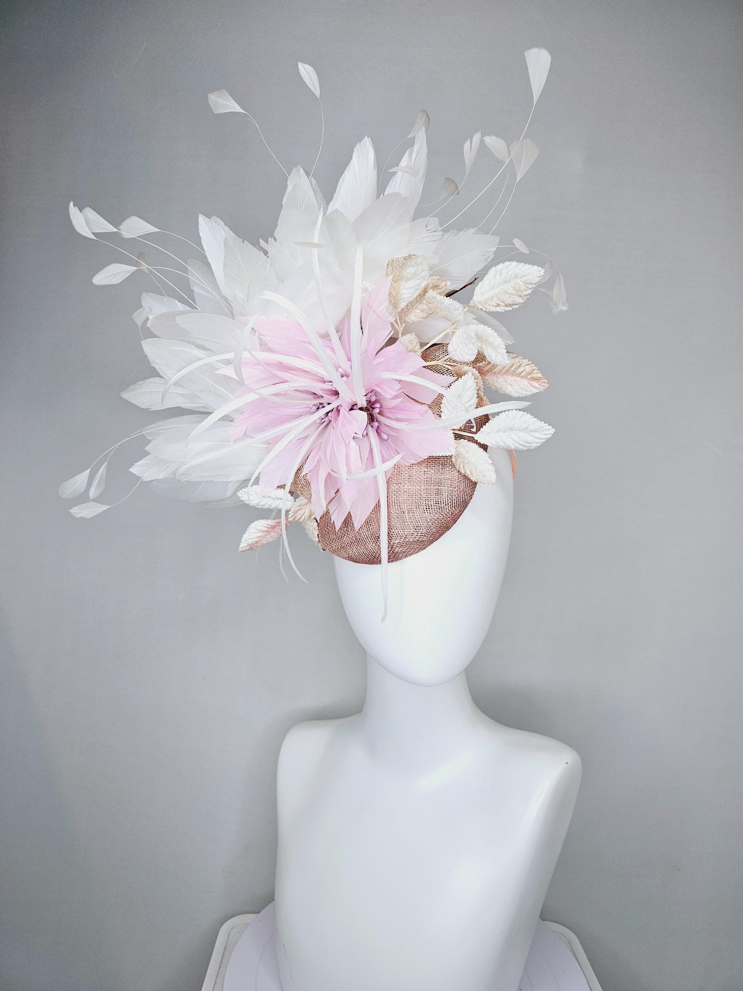 kentucky derby hat fascinator dusty rose pink sinamay with light pink lilac feather flower,white gold velvet leaves,white branching feathers