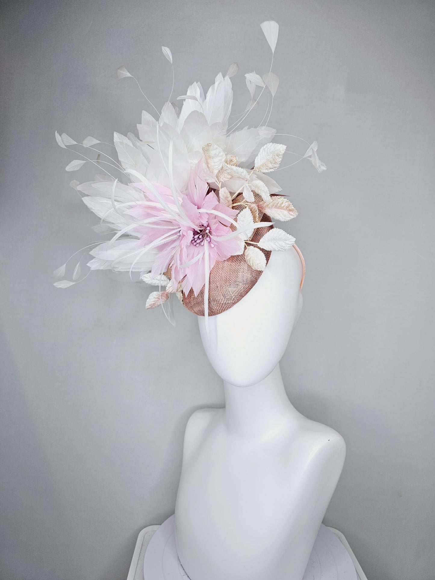 kentucky derby hat fascinator dusty rose pink sinamay with light pink lilac feather flower,white gold velvet leaves,white branching feathers