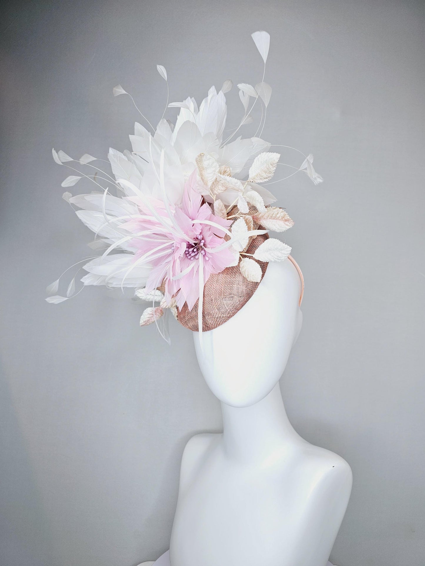 kentucky derby hat fascinator dusty rose pink sinamay with light pink lilac feather flower,white gold velvet leaves,white branching feathers