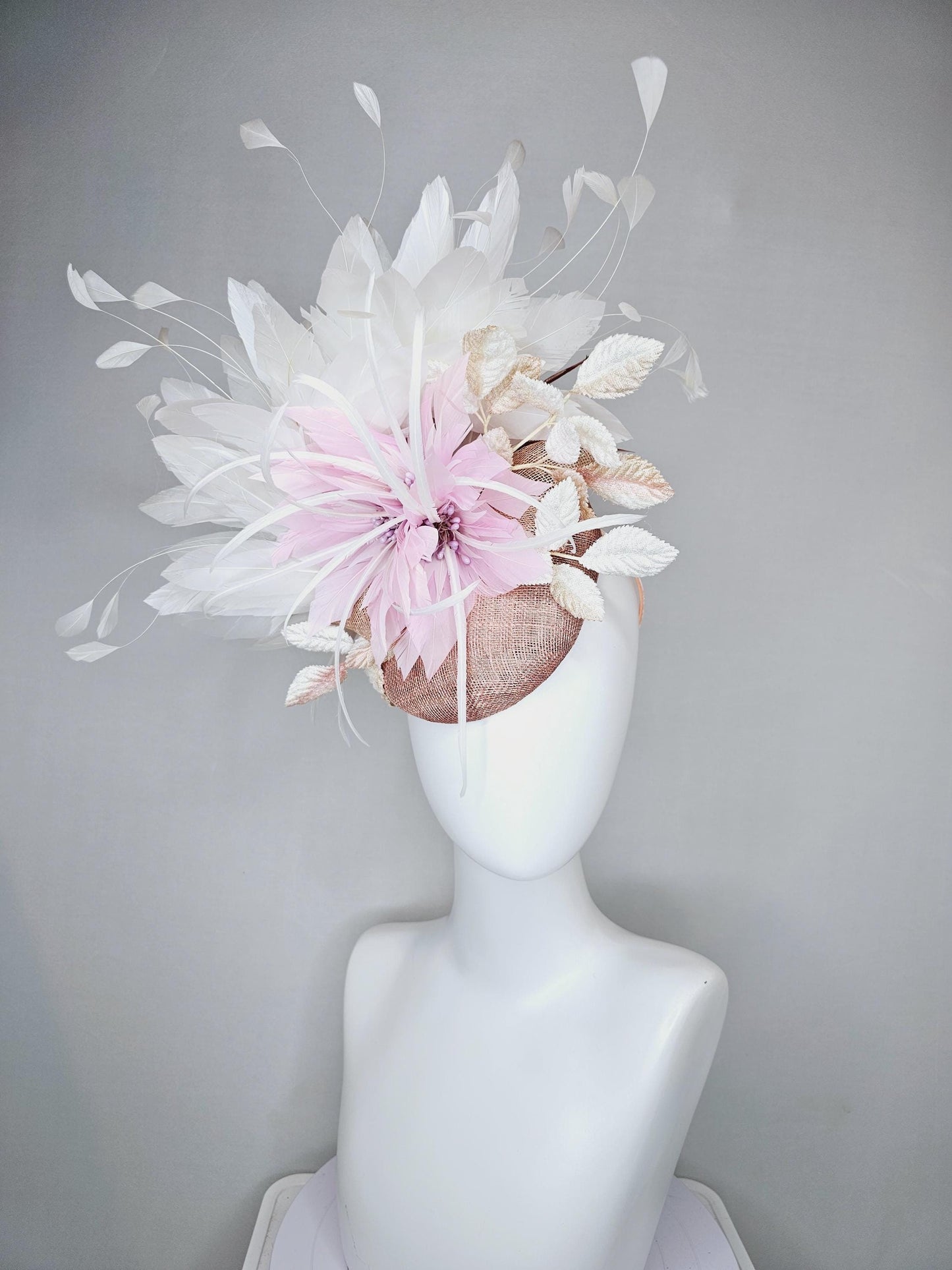 kentucky derby hat fascinator dusty rose pink sinamay with light pink lilac feather flower,white gold velvet leaves,white branching feathers