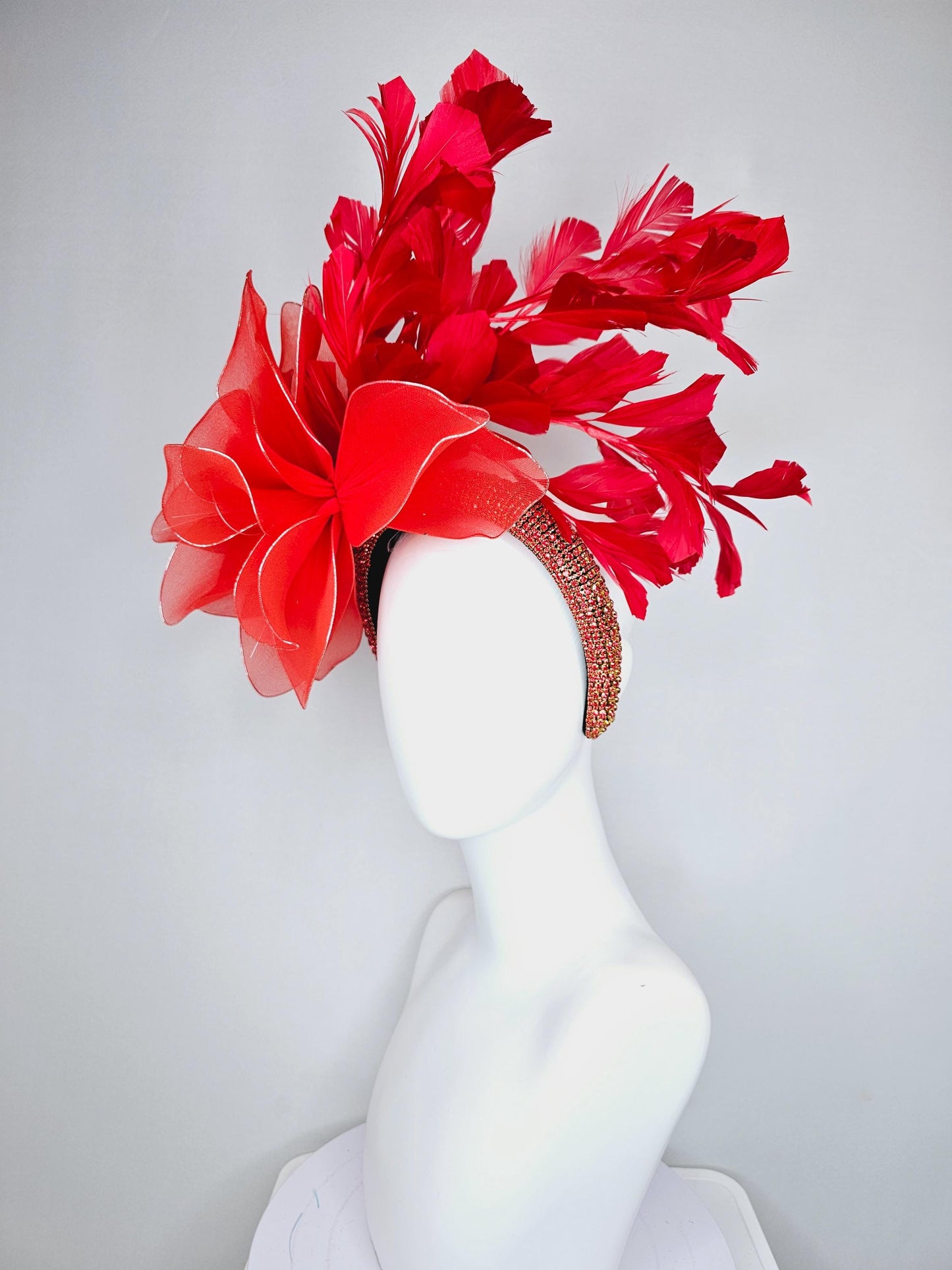 kentucky derby hat fascinator red crystal rhinestone headband with large cherry red wire mesh flower and scarlet red branching feathers