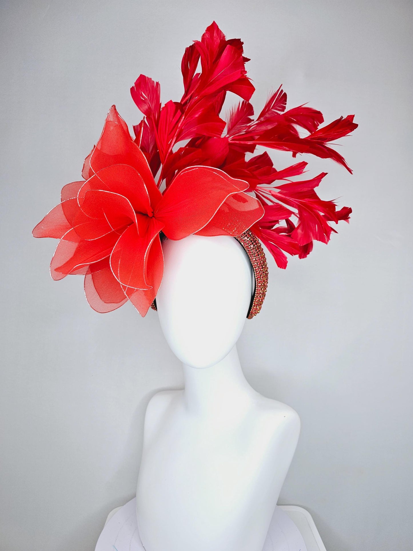 kentucky derby hat fascinator red crystal rhinestone headband with large cherry red wire mesh flower and scarlet red branching feathers