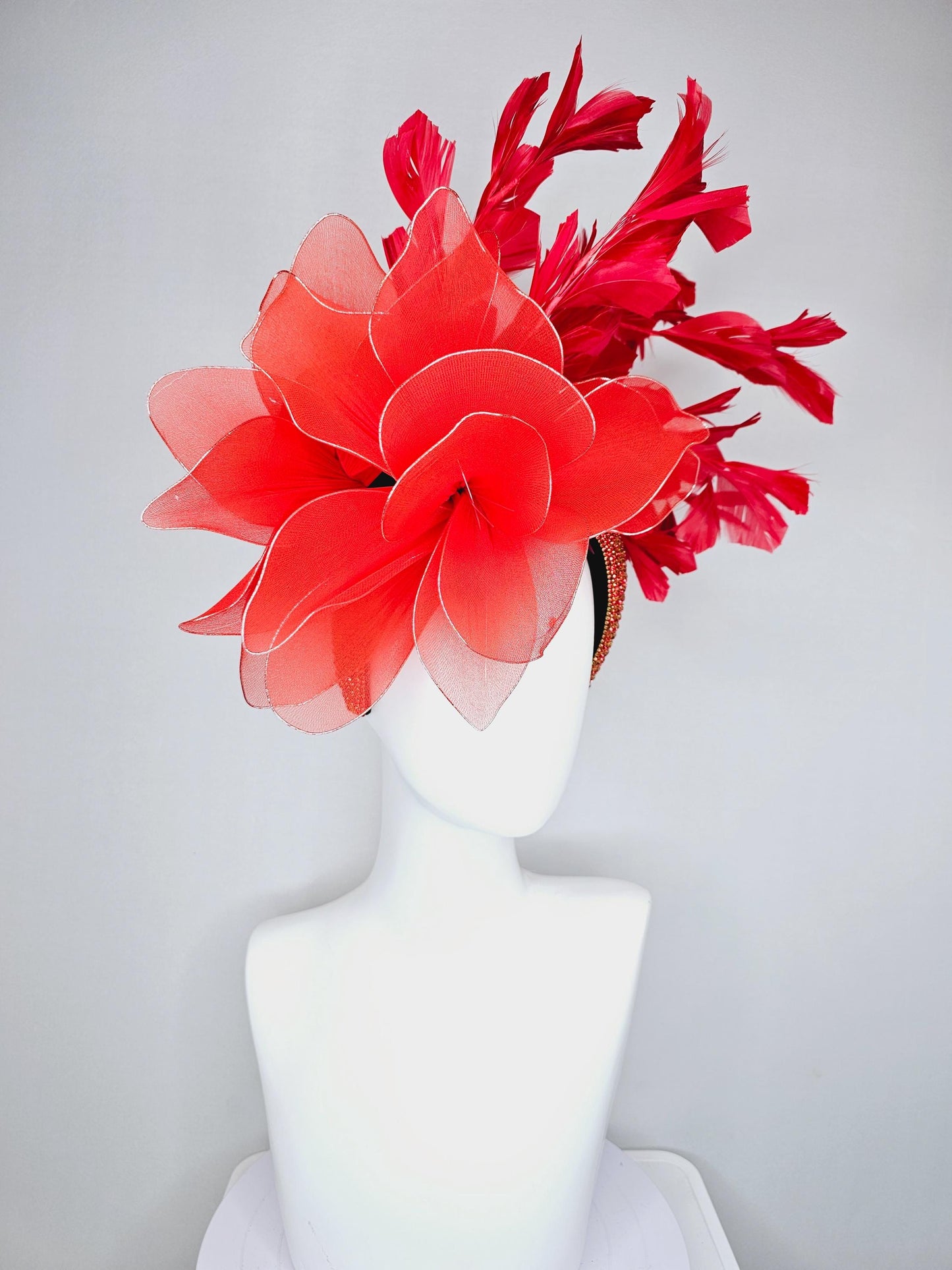 kentucky derby hat fascinator red crystal rhinestone headband with large cherry red wire mesh flower and scarlet red branching feathers