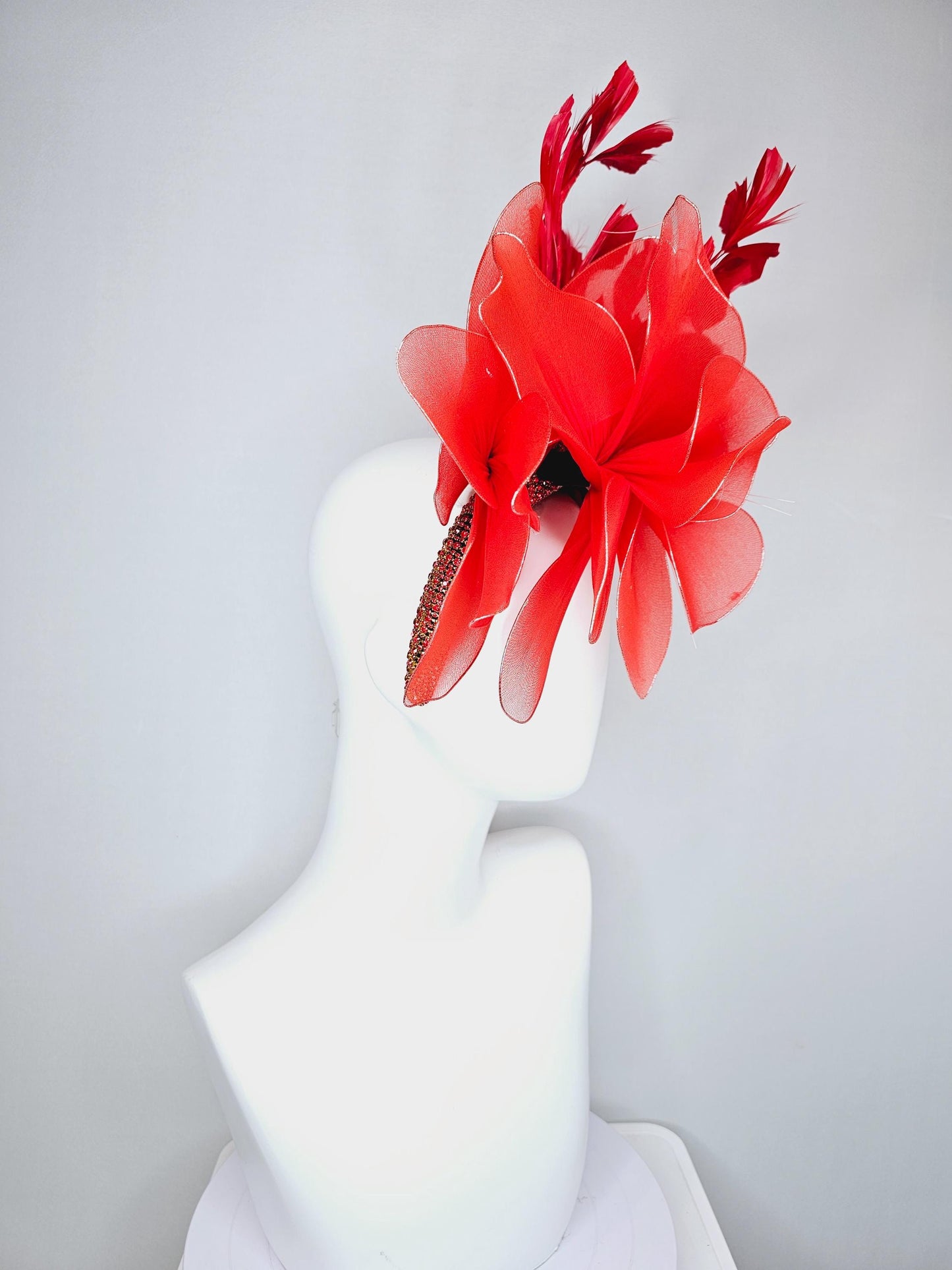 kentucky derby hat fascinator red crystal rhinestone headband with large cherry red wire mesh flower and scarlet red branching feathers