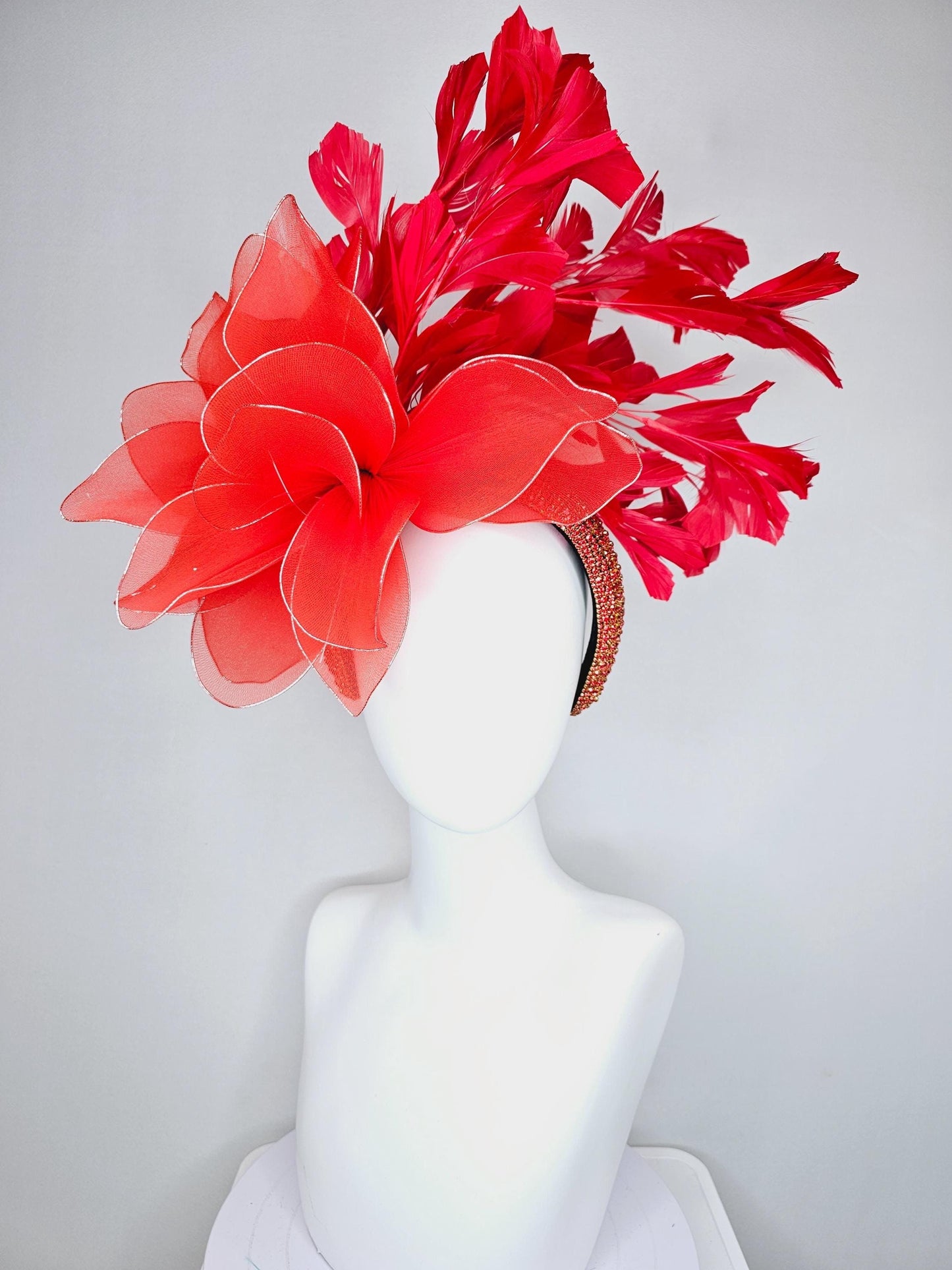 kentucky derby hat fascinator red crystal rhinestone headband with large cherry red wire mesh flower and scarlet red branching feathers