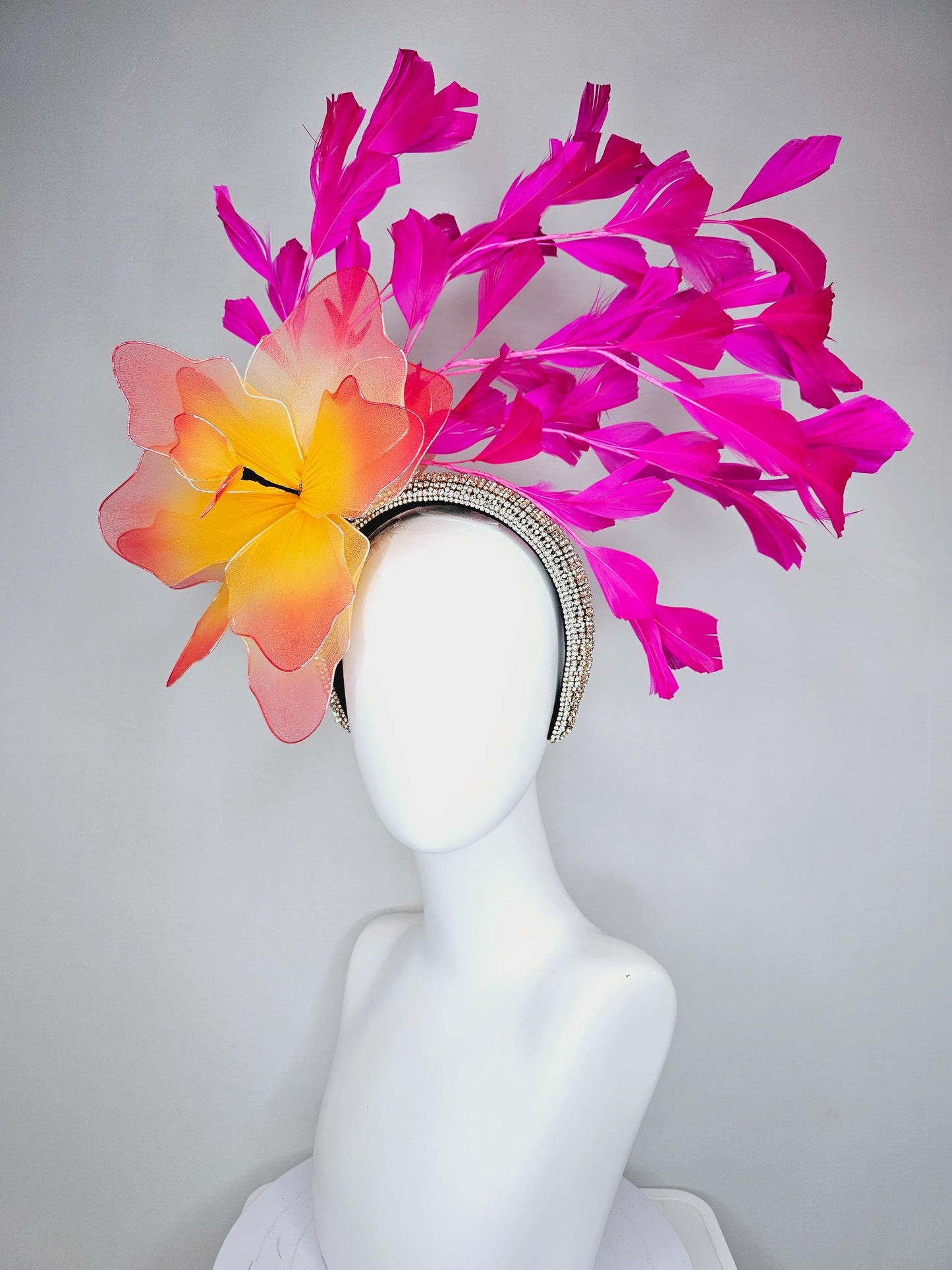 kentucky derby hat fascinator crystal rhinestone headband and large ombre red orange yellow wire mesh flower,fuchsia pink branching feathers