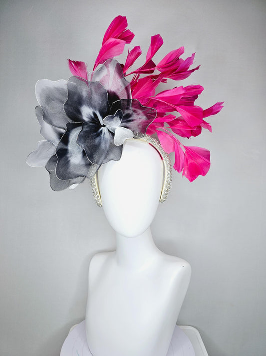 kentucky derby hat fascinator crystal rhinestone headband with large black and white tie dye wire mesh flower, hot pink branching feathers