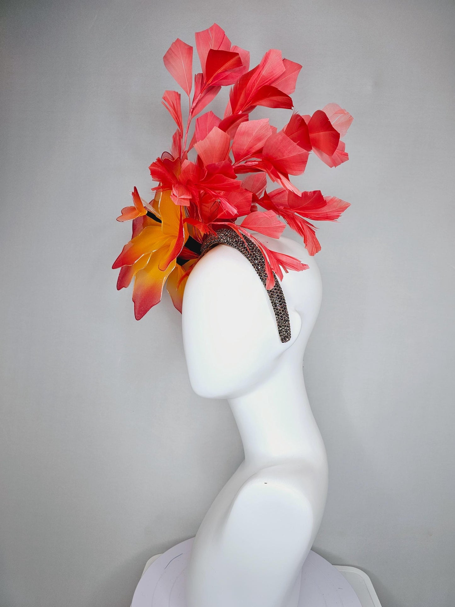 kentucky derby hat fascinator iridescent copper crystal rhinestone headband, large ombre red yellow wire mesh flower, coral orange feathers