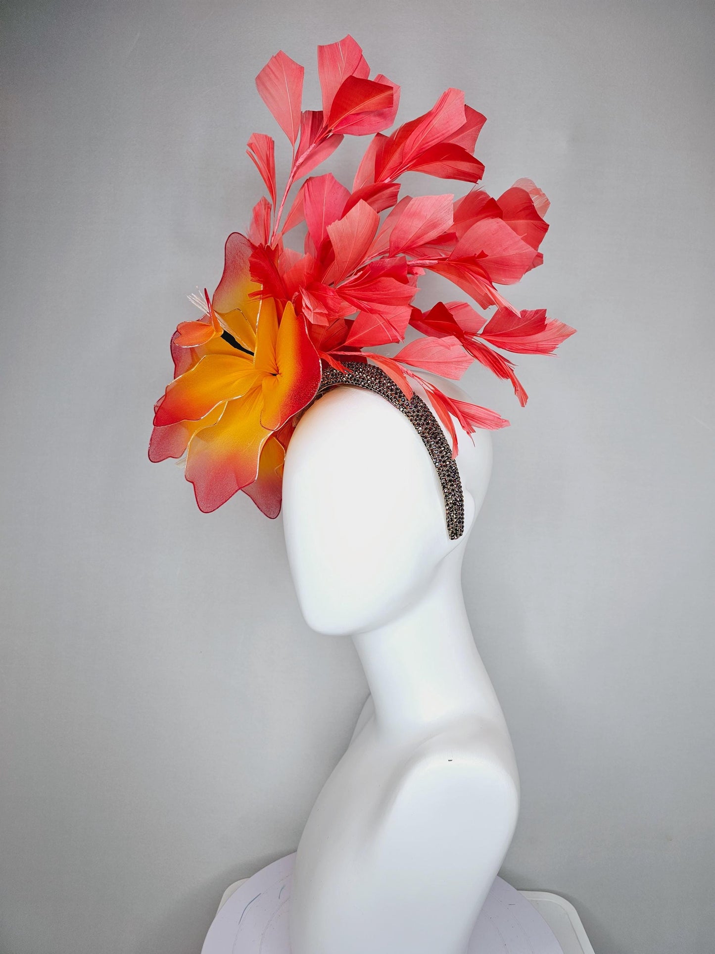 kentucky derby hat fascinator iridescent copper crystal rhinestone headband, large ombre red yellow wire mesh flower, coral orange feathers