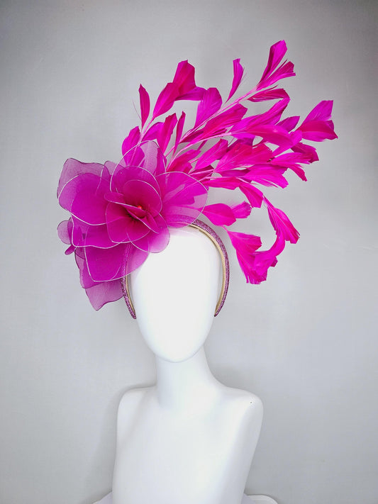 kentucky derby hat fascinator pink crystal rhinestone headband, large magenta purple pink wire mesh flower, fuchsia pink branching feathers