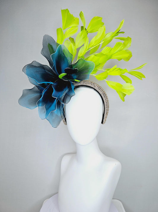 kentucky derby hat fascinator crystal rhinestone headband, large dark teal sky blue tie dye wire mesh flower, lime green branching feathers