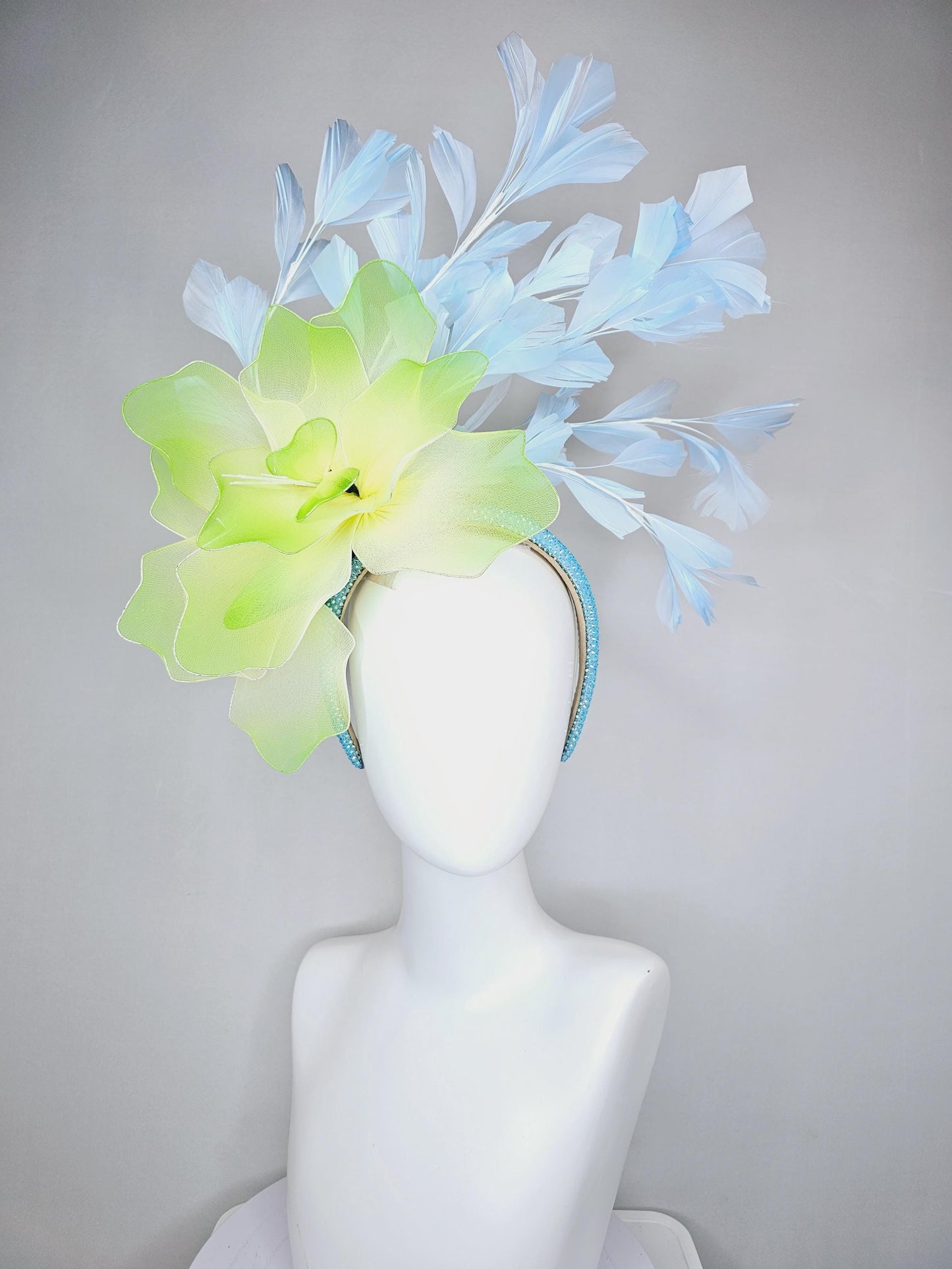 kentucky derby hat fascinator iridescent baby blue crystal headband with large ombre lime green yellow wire mesh flower, light blue feathers