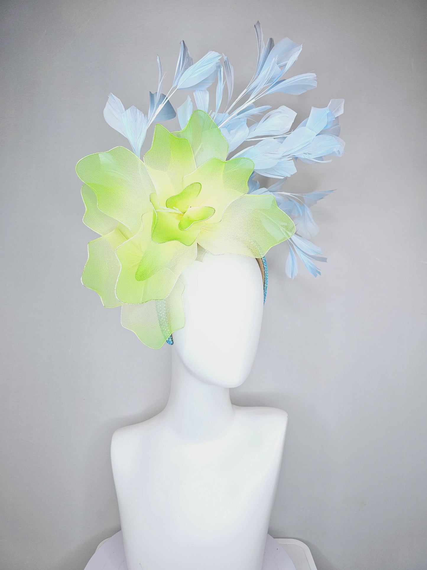 kentucky derby hat fascinator iridescent baby blue crystal headband with large ombre lime green yellow wire mesh flower, light blue feathers