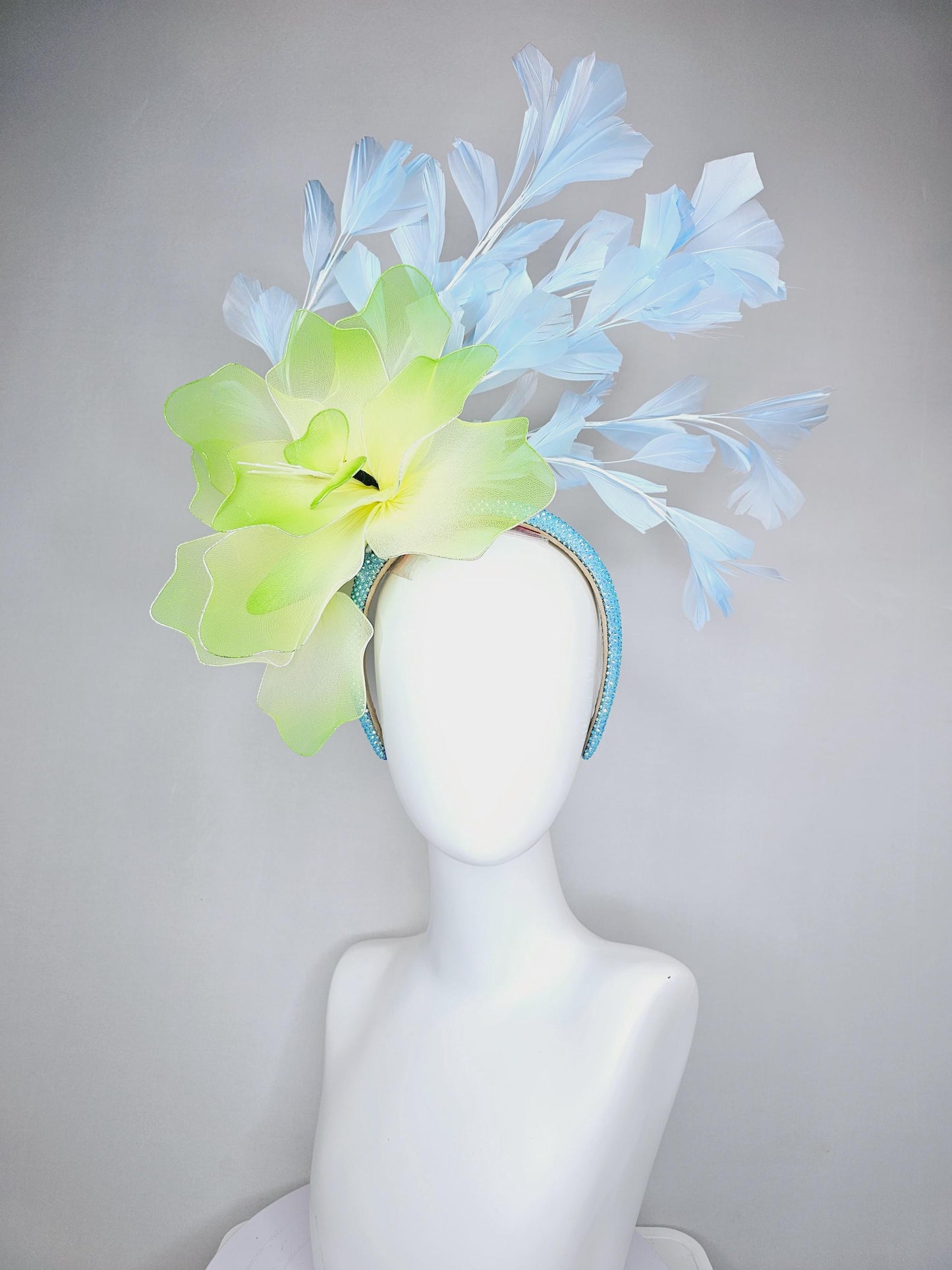 kentucky derby hat fascinator iridescent baby blue crystal headband with large ombre lime green yellow wire mesh flower, light blue feathers