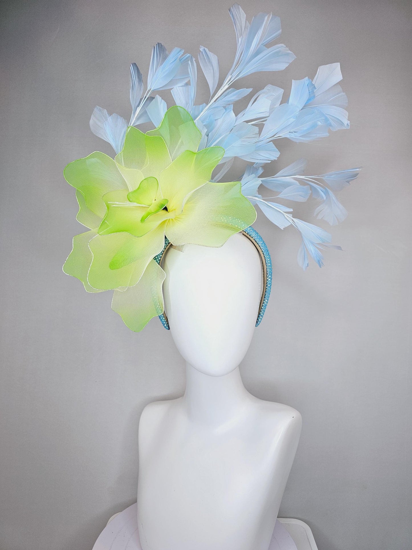 kentucky derby hat fascinator iridescent baby blue crystal headband with large ombre lime green yellow wire mesh flower, light blue feathers