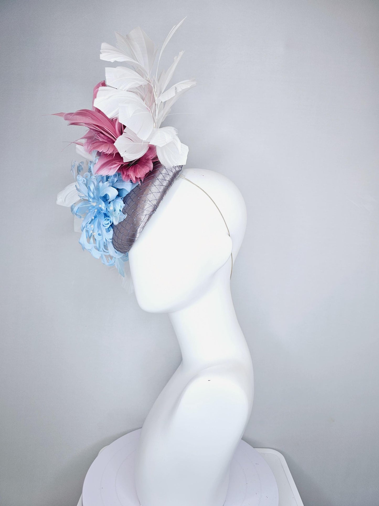 kentucky derby hat fascinator gray satin w/ netting,light blue curly feather flower w/ pearl strings,blush pink and white branching feathers