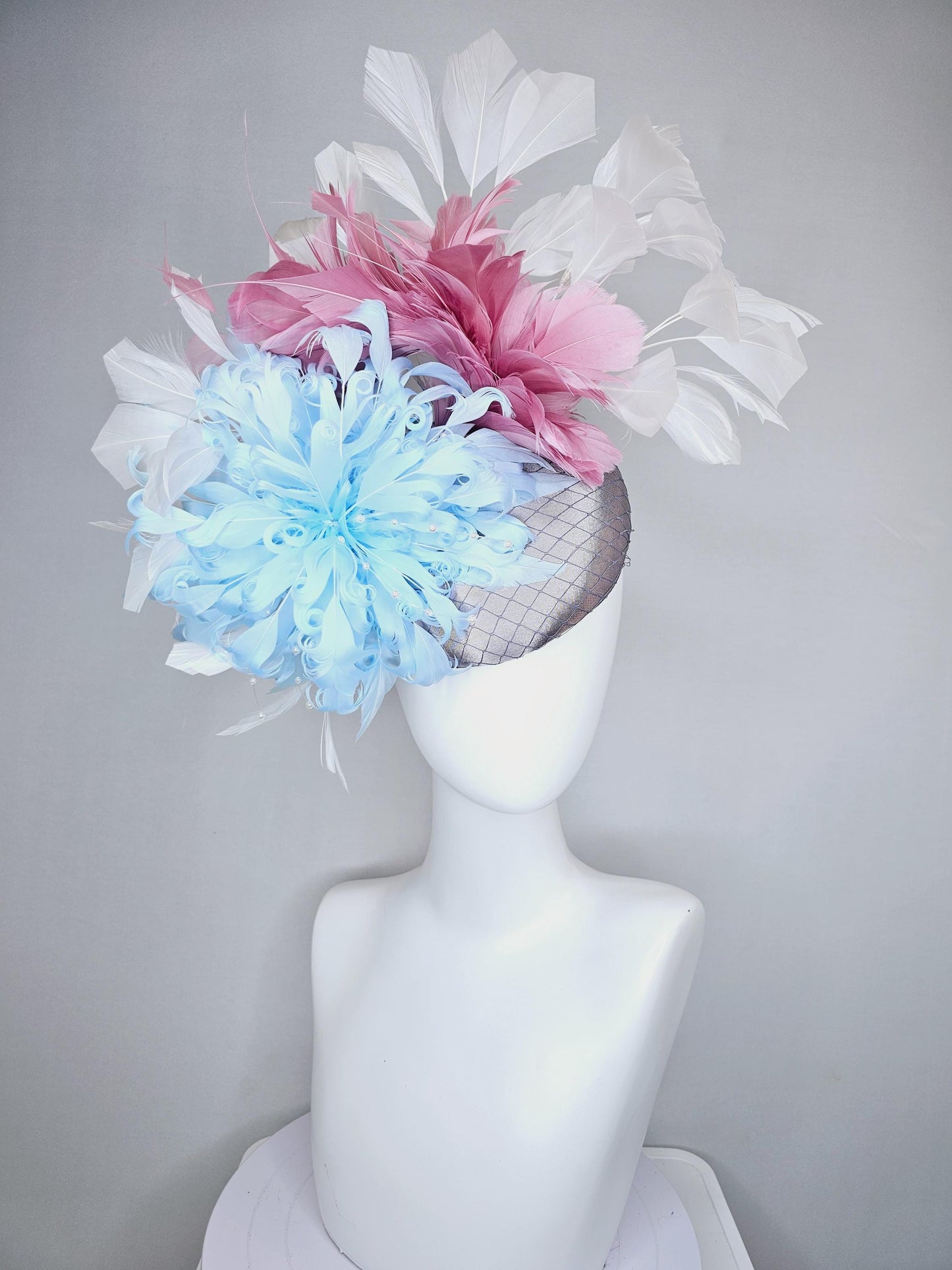 kentucky derby hat fascinator gray satin w/ netting,light blue curly feather flower w/ pearl strings,blush pink and white branching feathers