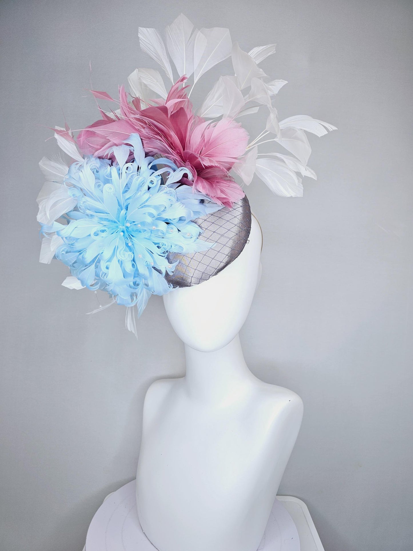 kentucky derby hat fascinator gray satin w/ netting,light blue curly feather flower w/ pearl strings,blush pink and white branching feathers