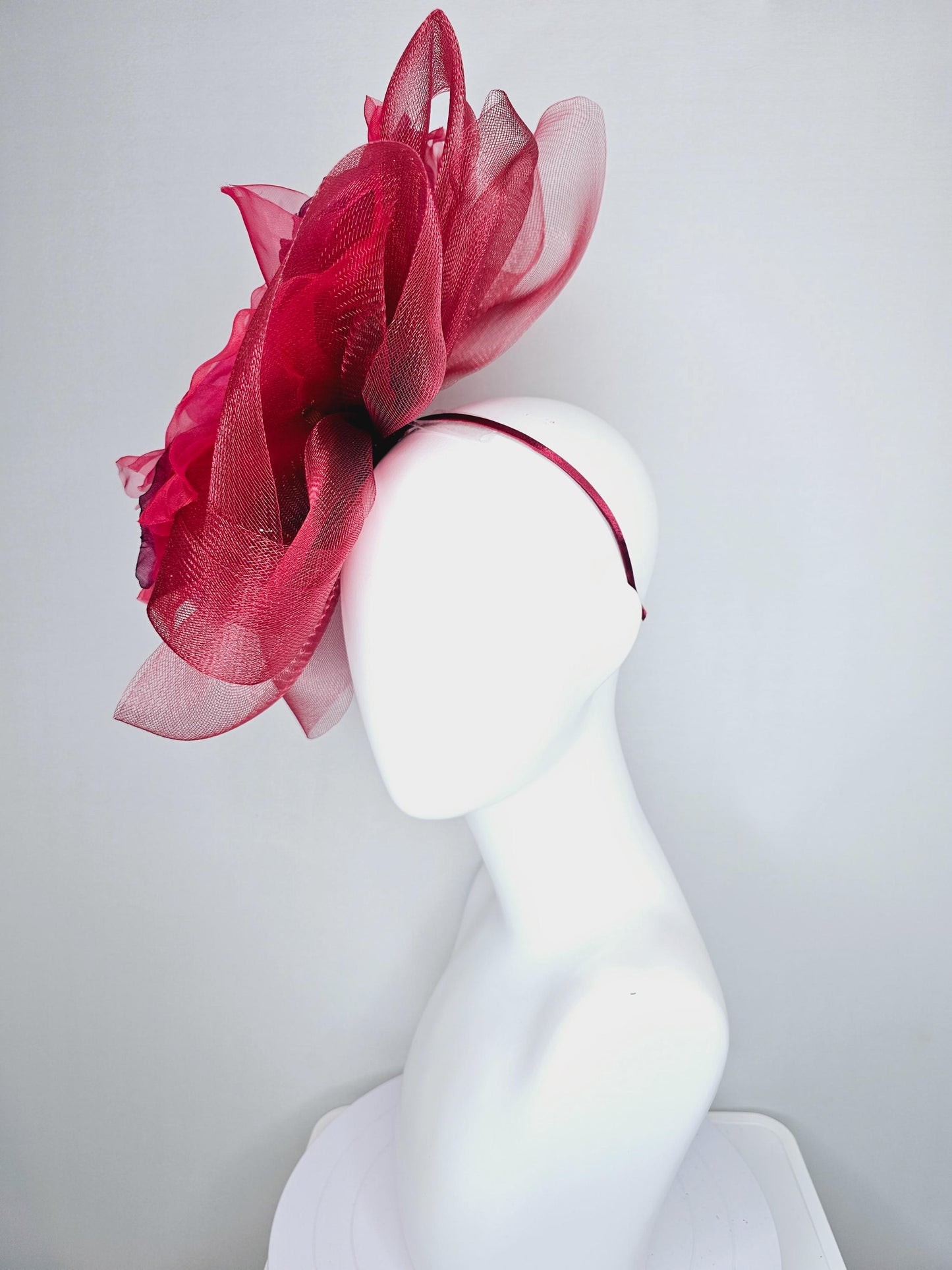 kentucky derby hat fascinator with huge scarlet red mesh bow and burgundy wine red organza satin silk rose flower