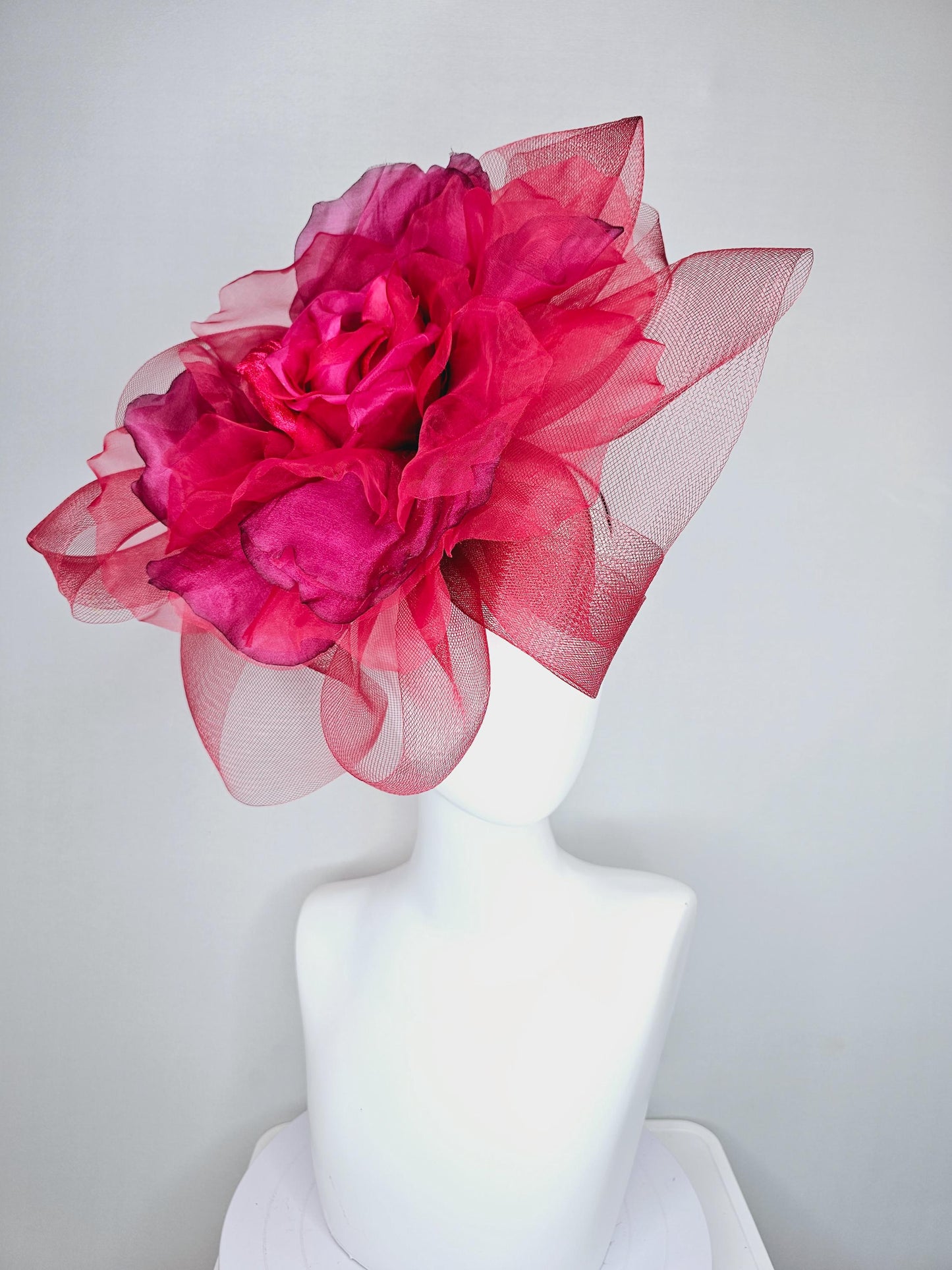 kentucky derby hat fascinator with huge scarlet red mesh bow and burgundy wine red organza satin silk rose flower