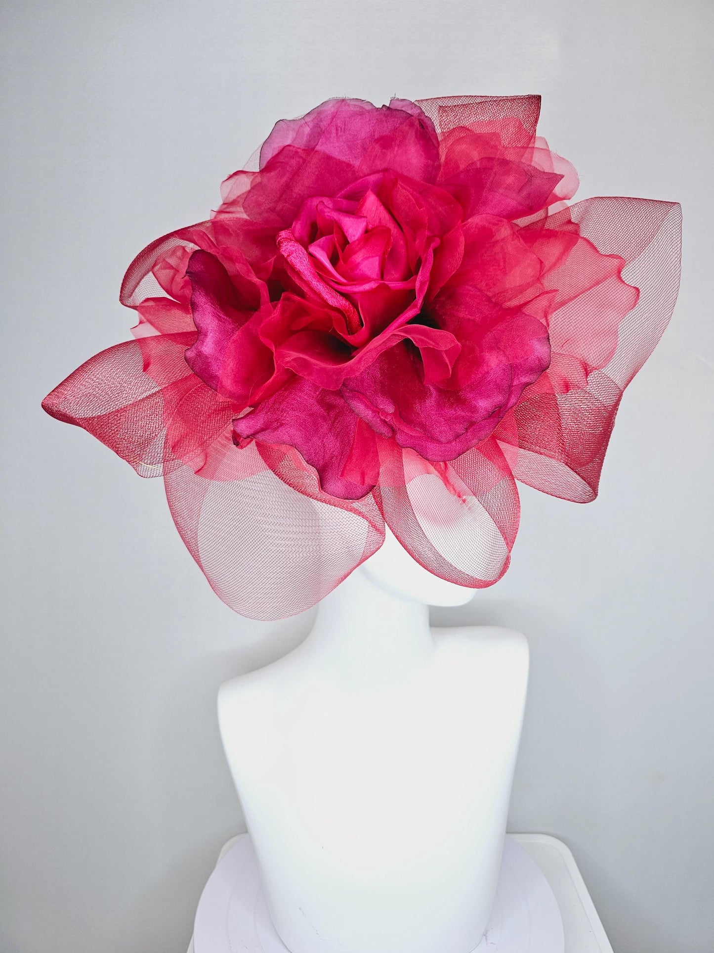 kentucky derby hat fascinator with huge scarlet red mesh bow and burgundy wine red organza satin silk rose flower