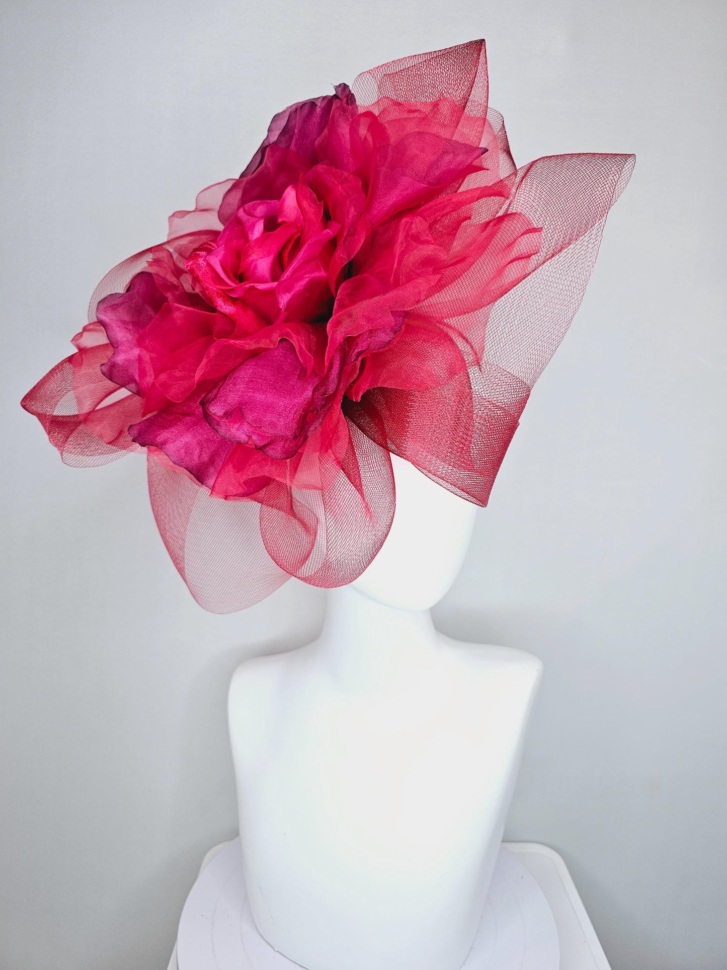 kentucky derby hat fascinator with huge scarlet red mesh bow and burgundy wine red organza satin silk rose flower