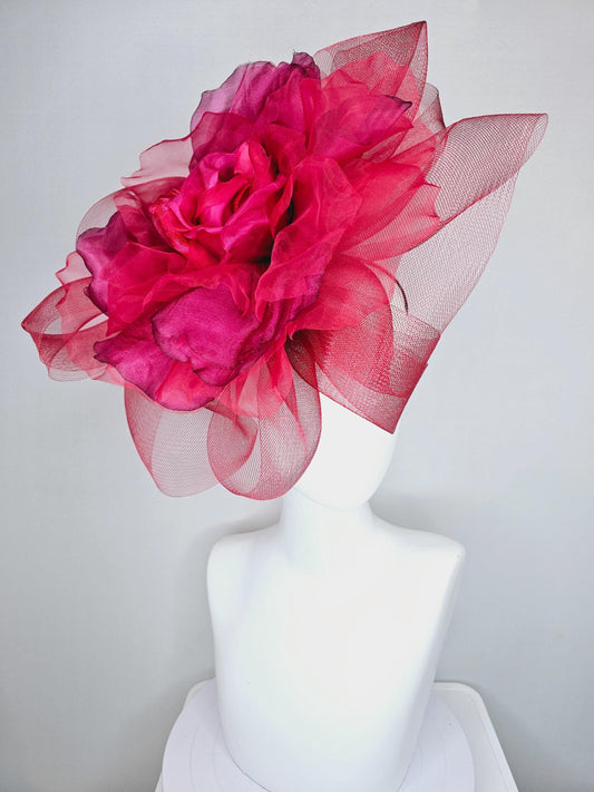 kentucky derby hat fascinator with huge scarlet red mesh bow and burgundy wine red organza satin silk rose flower