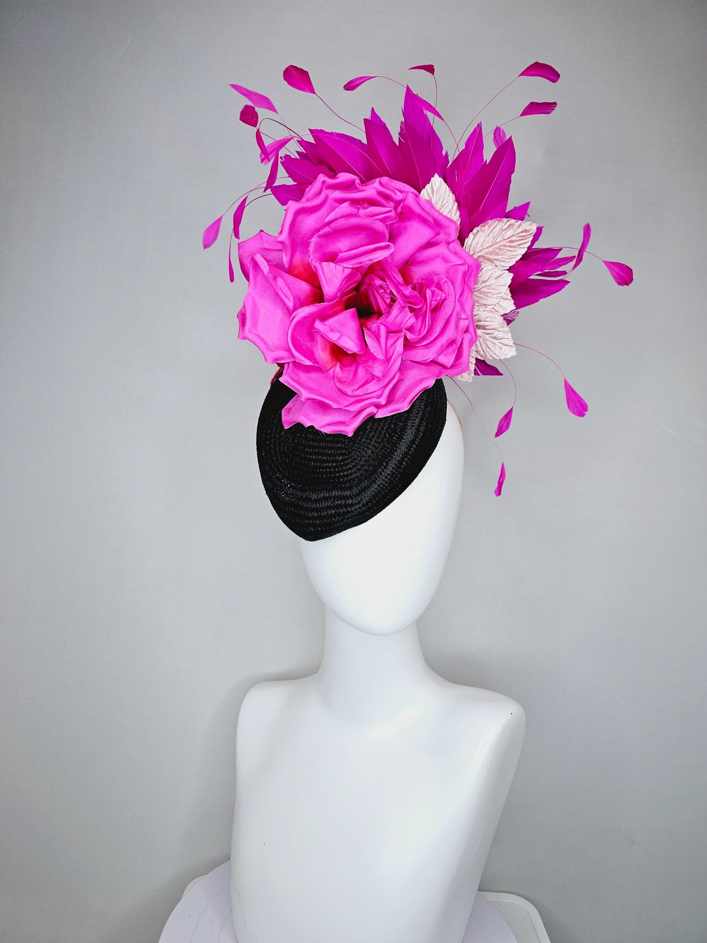 kentucky derby hat fascinator black woven base, large hot pink satin silk rose flower,light pink leaves and fuchsia pink branching feathers