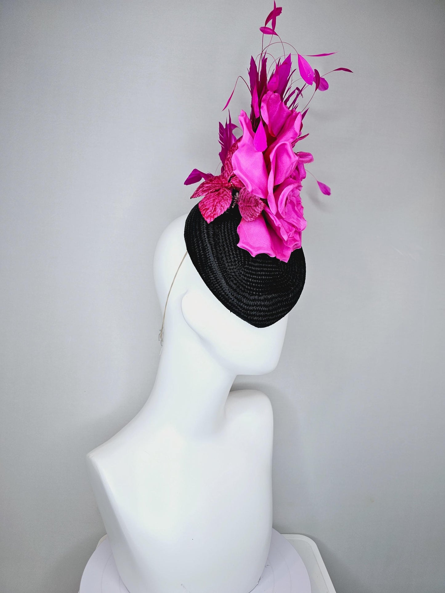 kentucky derby hat fascinator black woven base, large hot pink satin silk rose flower,light pink leaves and fuchsia pink branching feathers