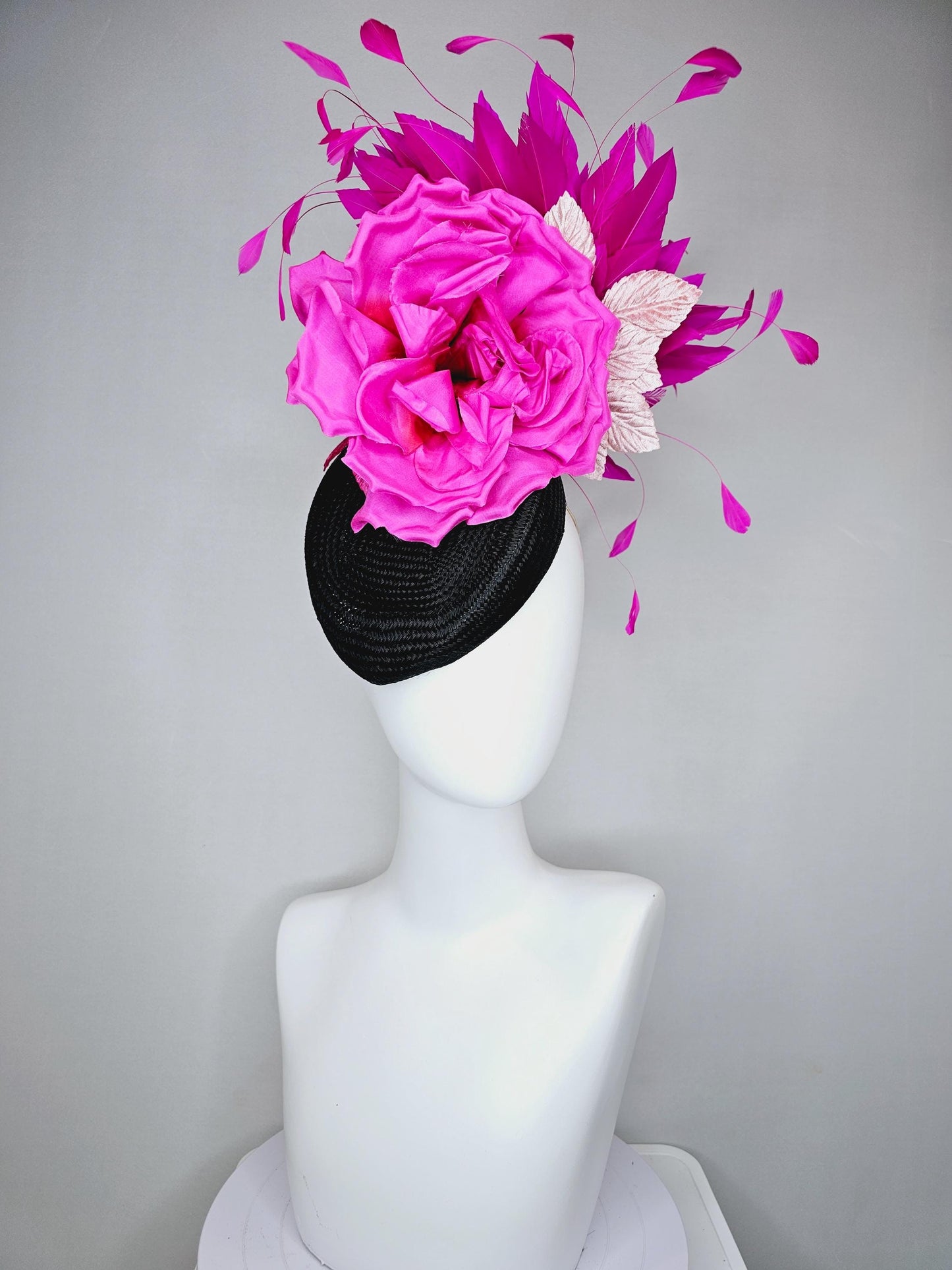 kentucky derby hat fascinator black woven base, large hot pink satin silk rose flower,light pink leaves and fuchsia pink branching feathers