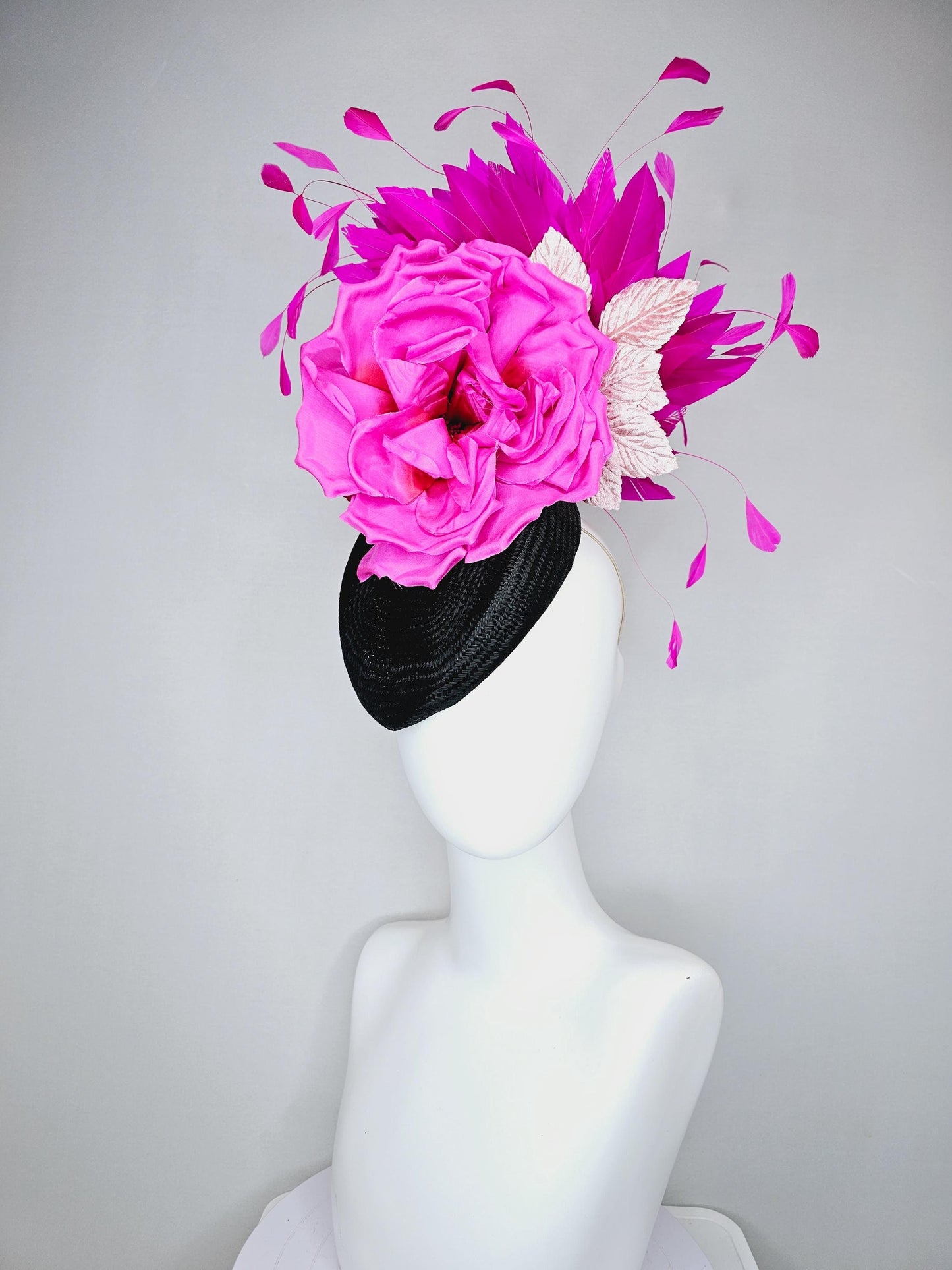 kentucky derby hat fascinator black woven base, large hot pink satin silk rose flower,light pink leaves and fuchsia pink branching feathers