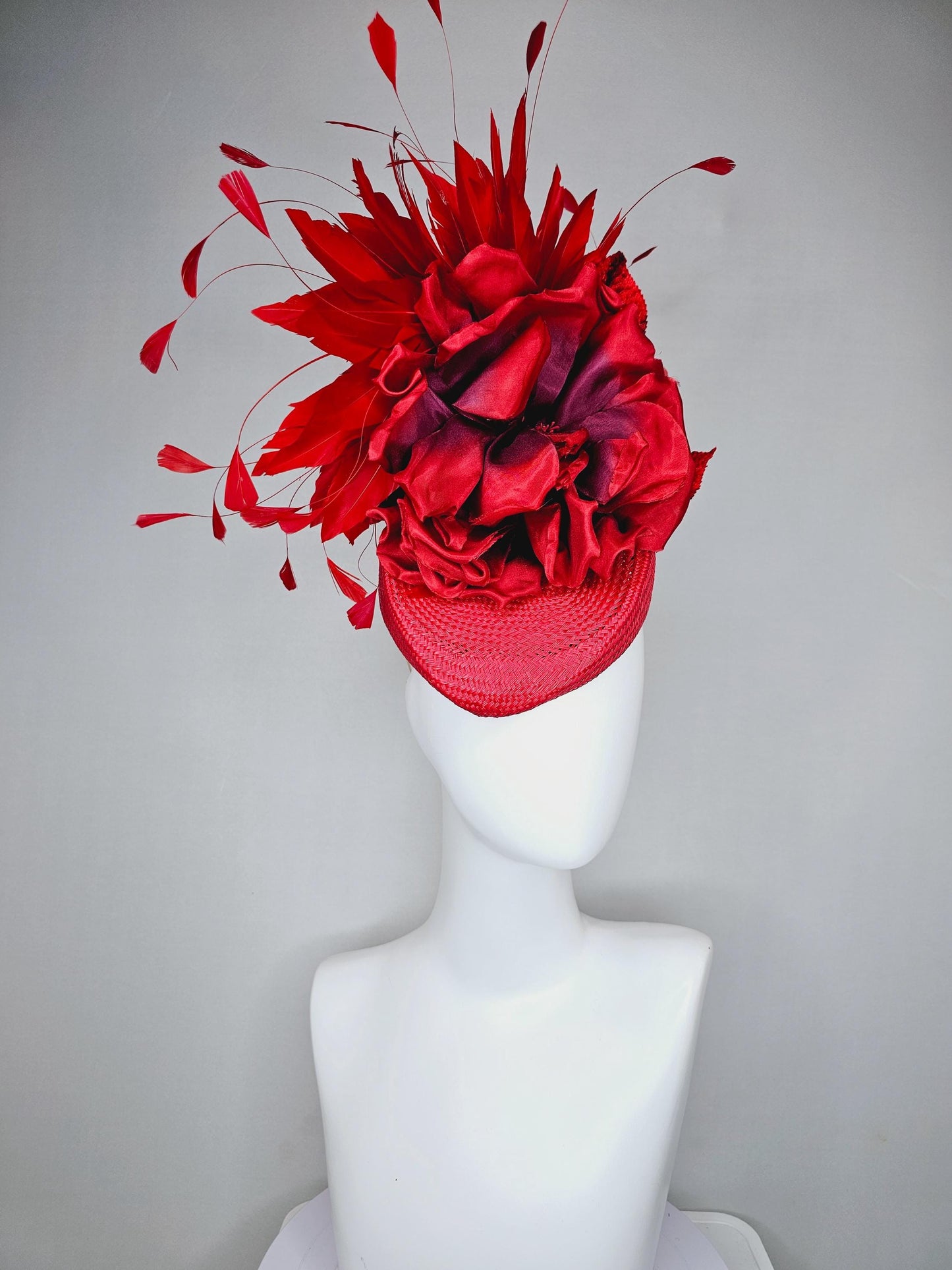 kentucky derby hat fascinator scarlet red woven base,large red purple satin silk rose flower,red leaves and cherry red branching feathers