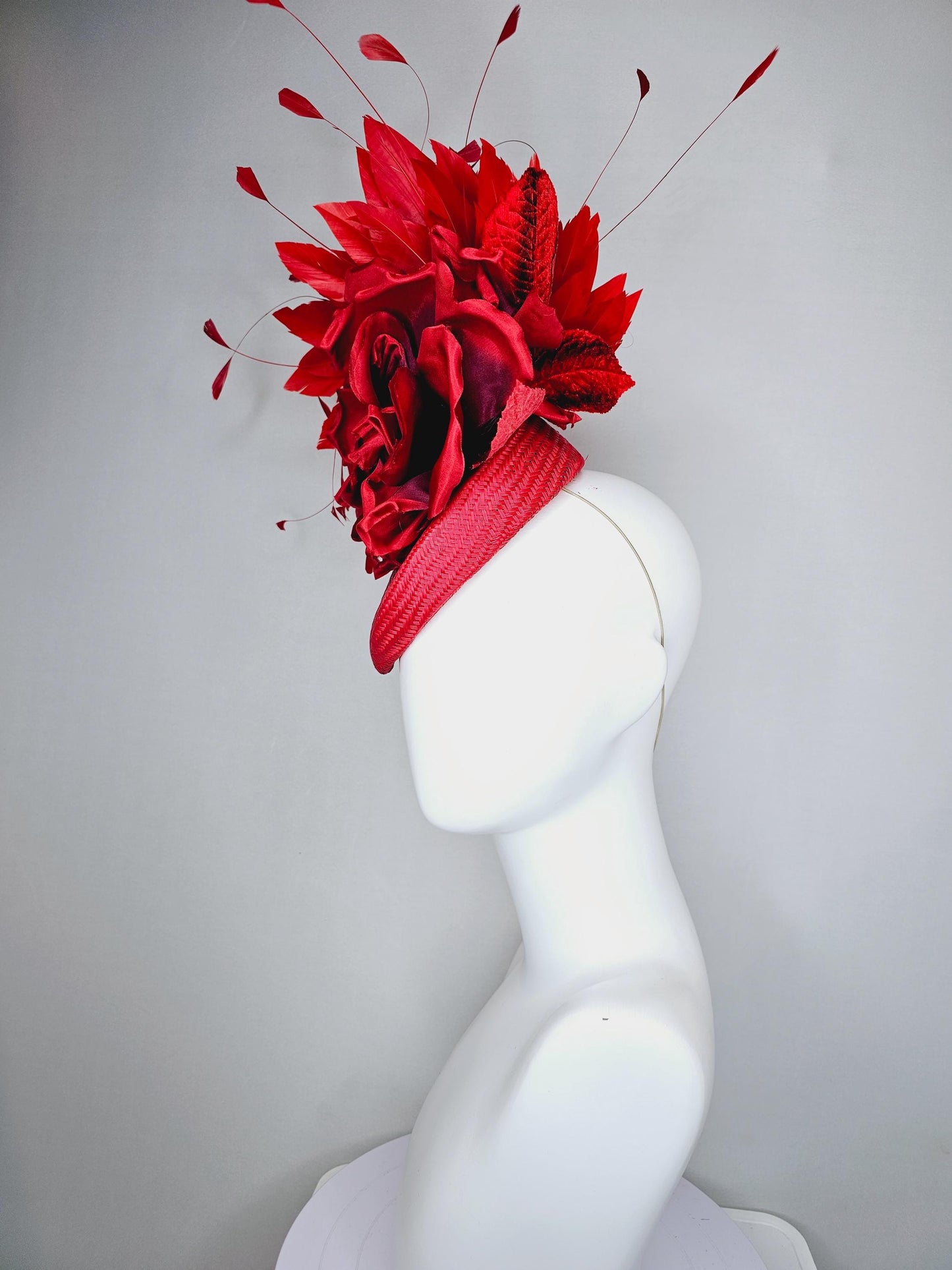 kentucky derby hat fascinator scarlet red woven base,large red purple satin silk rose flower,red leaves and cherry red branching feathers