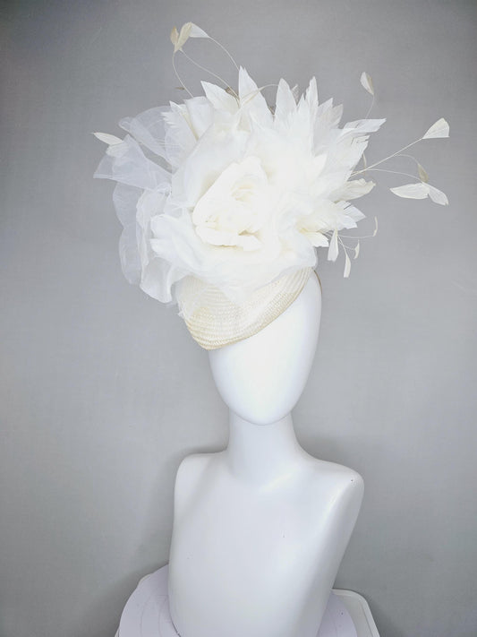 kentucky derby hat fascinator ivory white cream woven base with large organza satin ivory white rose flower and white branching feathers