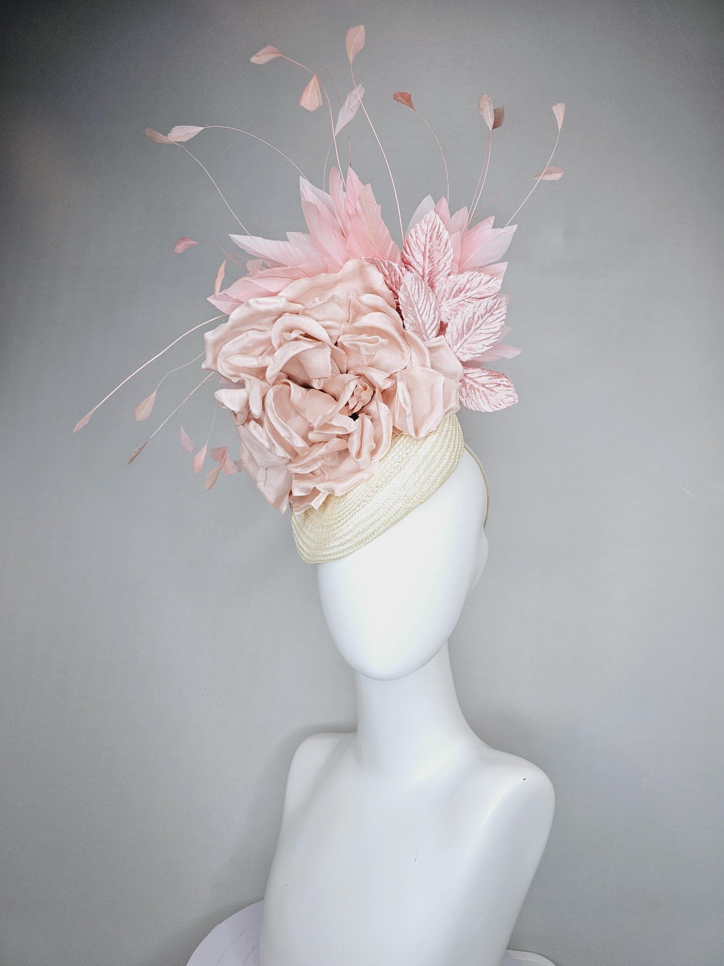 kentucky derby hat fascinator ivory white woven base,dusty pink satin silk rose flower,light pink branching feathers and light pink leaves