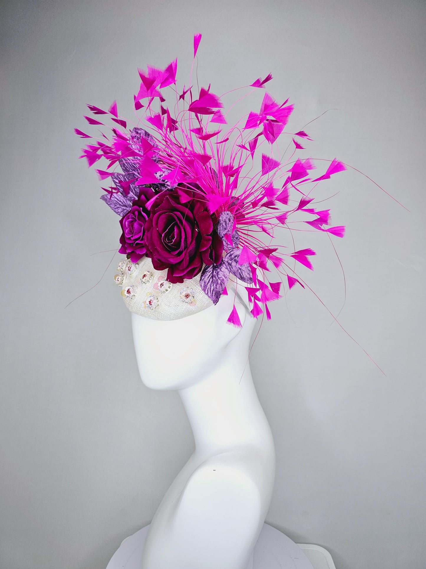 kentucky derby hat fascinator white sinamay with iridescent beading,purple satin flowers,lavender purple leaves, hot pink branching feathers